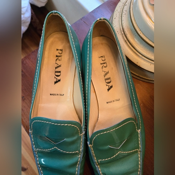 PRADA teal- turquoise patent leather penny loafers odd square toe! sz 38.5 - Picture 3 of 9